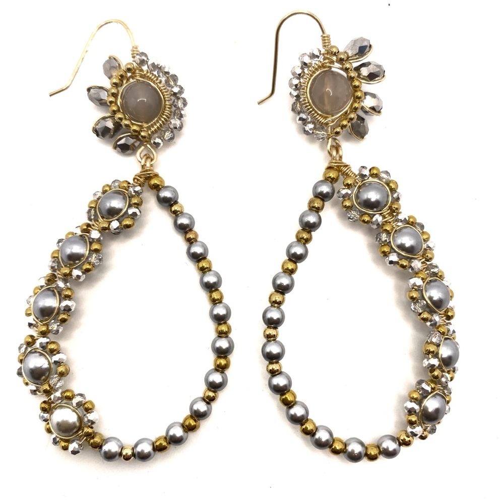 White wirewrap long oval earrings